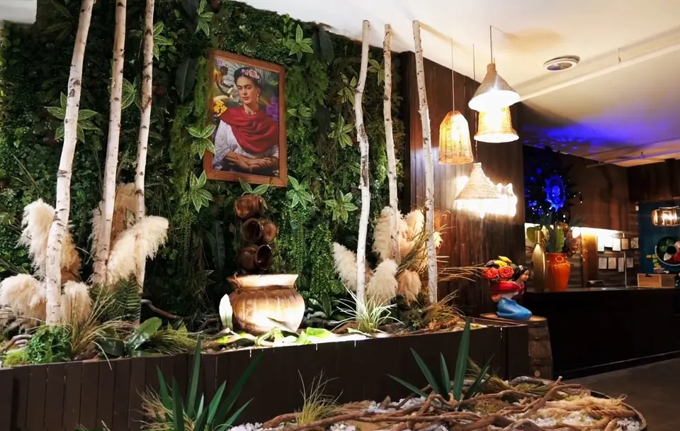 Green wall with birch trunks and pampas grass